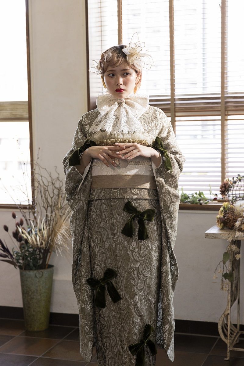 合繊振袖ラフィネモカ GF-63 -レース&リボン-【グリーン】 - 画像 (3)