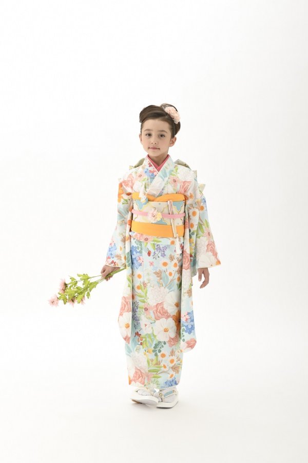 花わらべ7歳きもの WO-4カラフル【水色】