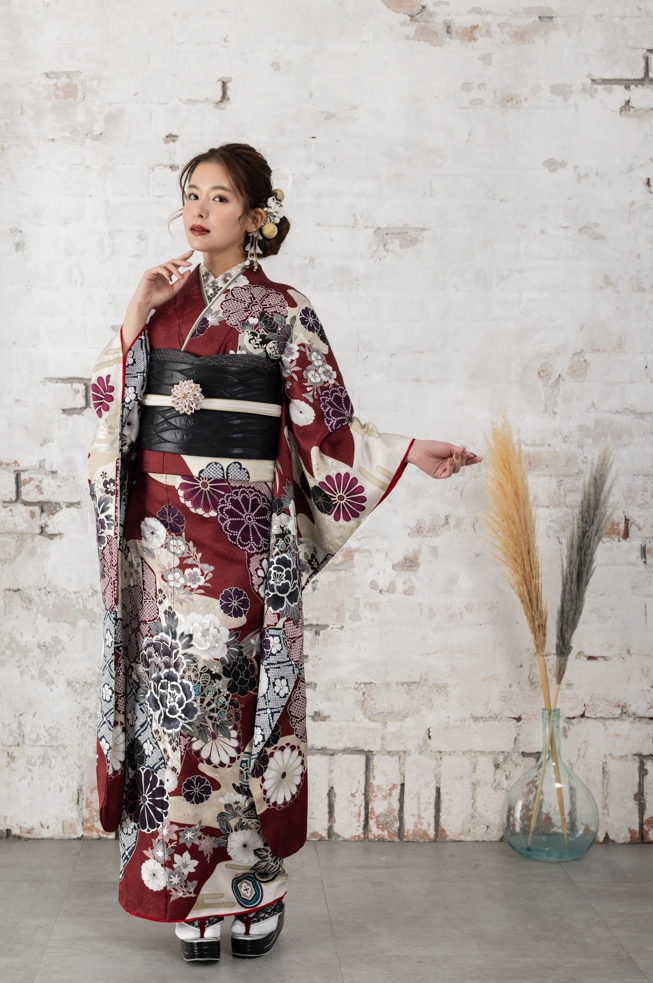 正絹振袖ラフィネモカ RF-23　-バーガンディー レッド- - 画像 (2)