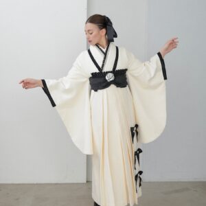 ラフィネモカ二尺袖/卒業袴 リボンノットRM-167/RH-96【白×黒/ホワイト】