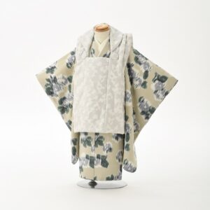 花わらべ3歳男児被布セット　DN-Aボカシ花【ﾍﾞｰｼﾞｭ×ｸﾞﾚｰ】　