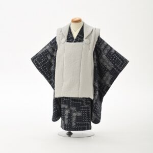 花わらべ3歳男児被布セット　DN-Eバンダナ【紺×ｸﾞﾚｰ】　