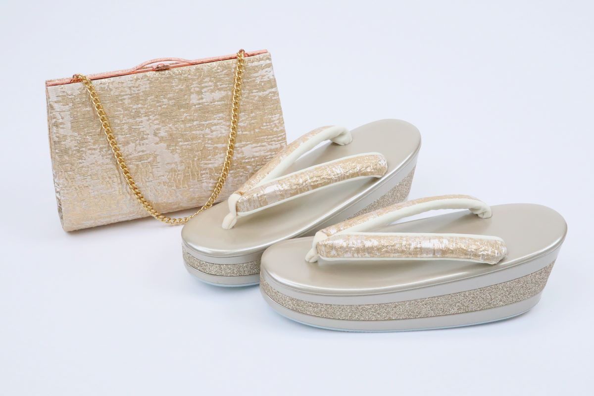 3段金ラメ草履&チェーンバッグセット【Lサイズのみ】振袖用 RM024-10a