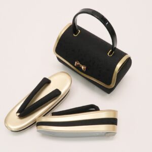 無地 織地　かぶせ三段草履バッグセット　黒金(フリーまたは3L)