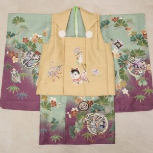 【受注品】 3歳男児被布アンサンブル　陽気な天使No.1「扇」【ﾍﾞｰｼﾞｭ×緑紫】