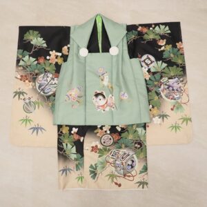 【受注品】 3歳男児被布アンサンブル 陽気な天使No.5「扇」【黒×緑】