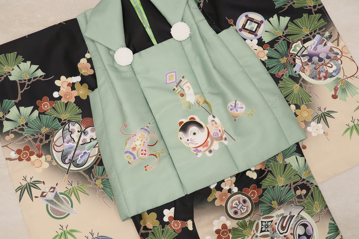 【受注品】 3歳男児被布アンサンブル 陽気な天使No.5「扇」【黒×緑】 - 画像 (11)