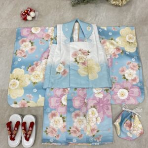 3歳女児被布セット「花うさぎ2308-3j2」ブルー×白ブルー