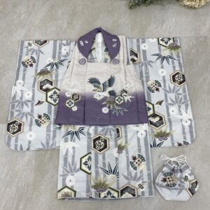 3歳男児被布セット「花うさぎ2308-3d12」グレー紫×オフ