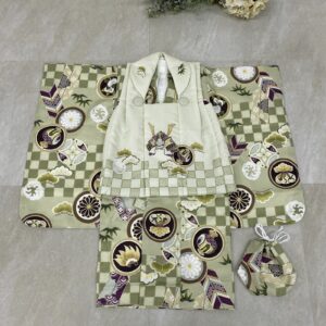 3歳男児被布セット「花うさぎ2308-3d2」緑×ヒワ