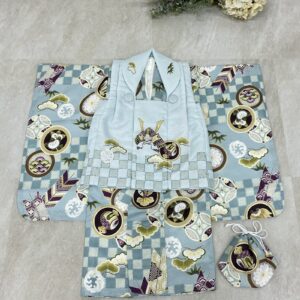 3歳男児被布セット「花うさぎ2308-3d1」ブルー×薄ブルー