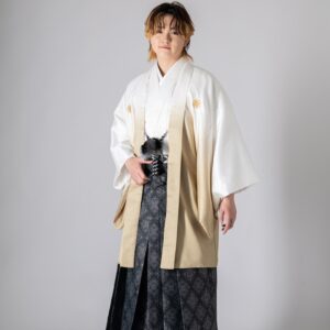 メンズ羽織着物　市松ぼかし-№335- 【白ベージュ】