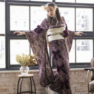 合繊振袖ラフィネモカ GF-64 -レース&リボン-【ヴァーガンディ】