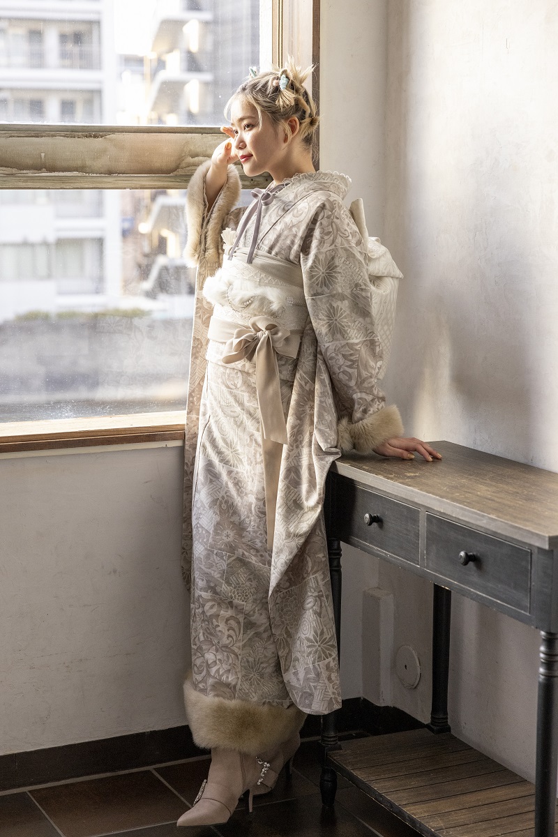 合繊振袖ラフィネモカ GF-61 -パッチワークファー-【グレー】 - 画像 (8)