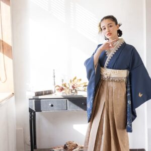 ラフィネモカ二尺袖/卒業袴 デイドリーム(袖花小紋)RM-144/RH-77【ネイビー/キャメル】