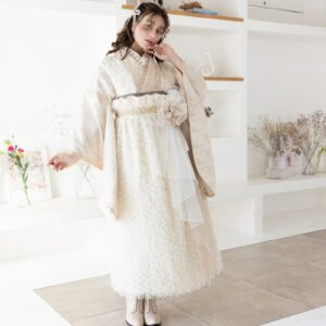 ラフィネモカ二尺袖/ドレス袴 フェザリーレースRM-174/RH-102【ゴールドベージュ/ホワイト】