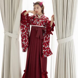 ラフィネモカ二尺袖/卒業袴 フリル・フローラRM-166/RH-99【ホワイトレッド/ボルドー】