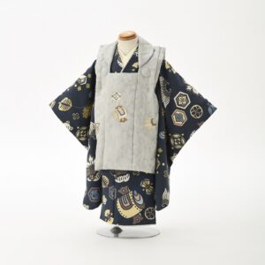 花わらべ3歳男児被布セット　WO-12宝づくし【紺×薄ｸﾞﾘｰﾝ】　