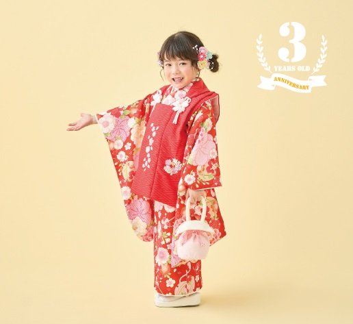 式部浪漫3歳女児被布セット 梅疋田25【レッド】