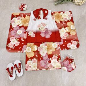 3歳女児被布セット「花うさぎ2308-3j4」赤×白赤
