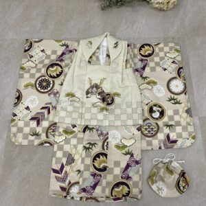 3歳男児被布セット「花うさぎ2308-3d3」ベージュ×ヒワ