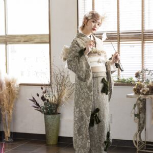 合繊振袖ラフィネモカ GF-63 -レース&リボン-【グリーン】