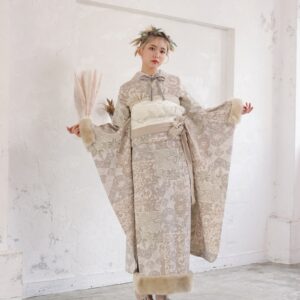 合繊振袖ラフィネモカ GF-61 -パッチワークファー-【グレー】