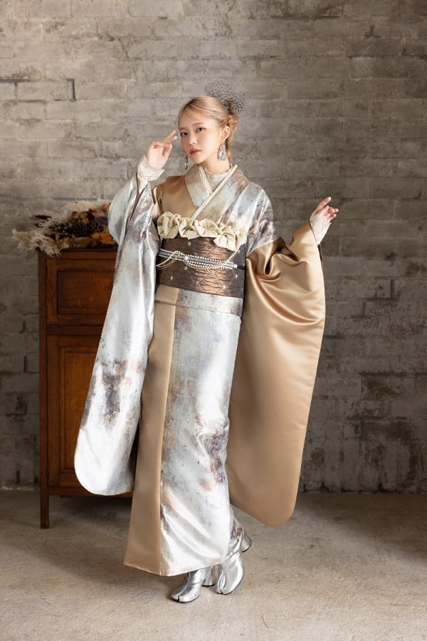 合繊振袖ラフィネモカ GF-85　ブルックリン・ゴールド【ﾎﾜｲﾄ】 - 画像 (7)