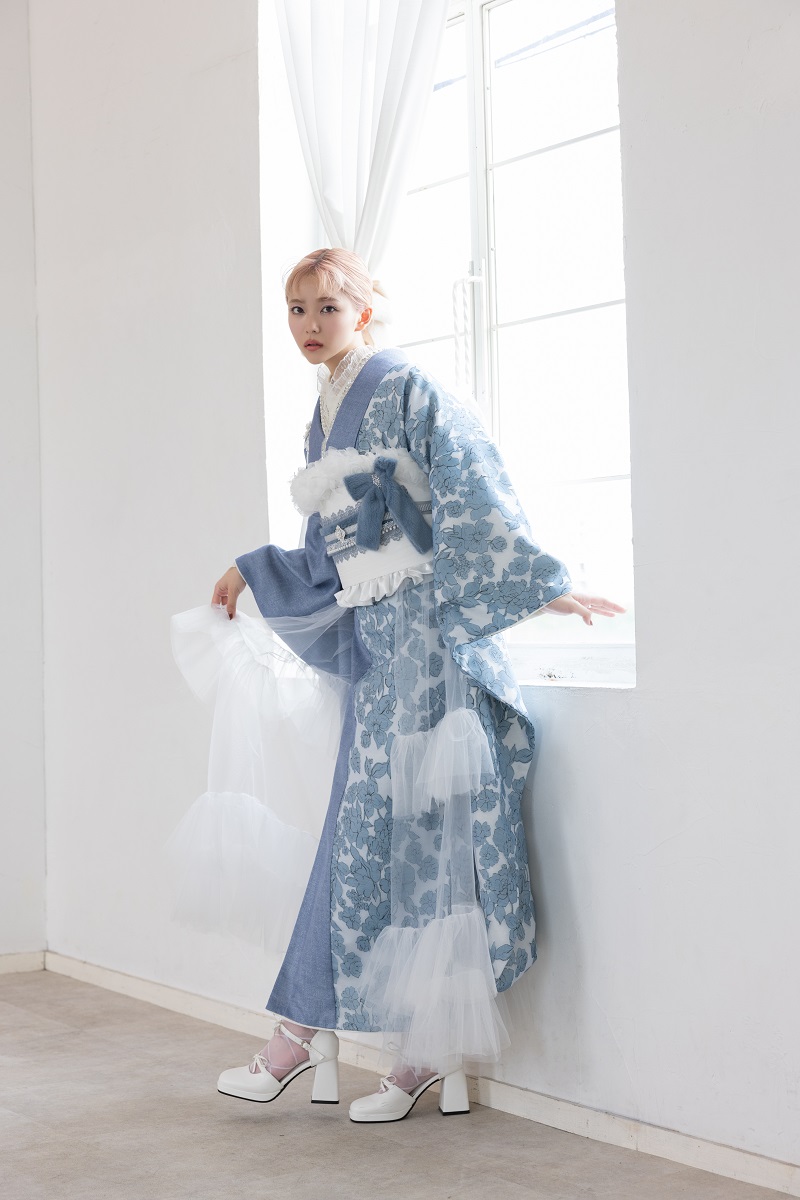 合繊振袖ラフィネモカ GF-82　ウェッジ デニム【ﾌﾞﾙｰ】