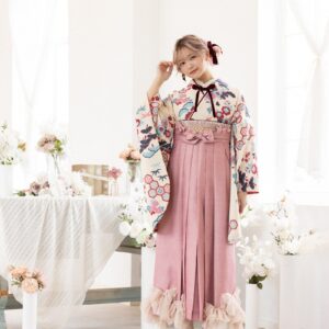 ﾗﾌｨﾈﾓｶ二尺袖/卒業袴　ヴィンテージStyle　RM-211/RH-108【ｸﾘｰﾑ/ﾋﾟﾝｸ】