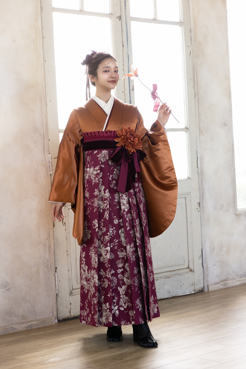 ラフィネモカ二尺袖/卒業袴 レザリー・アンバーRM-195/RH-110【琥珀色/ボルドー】 - 画像 (2)