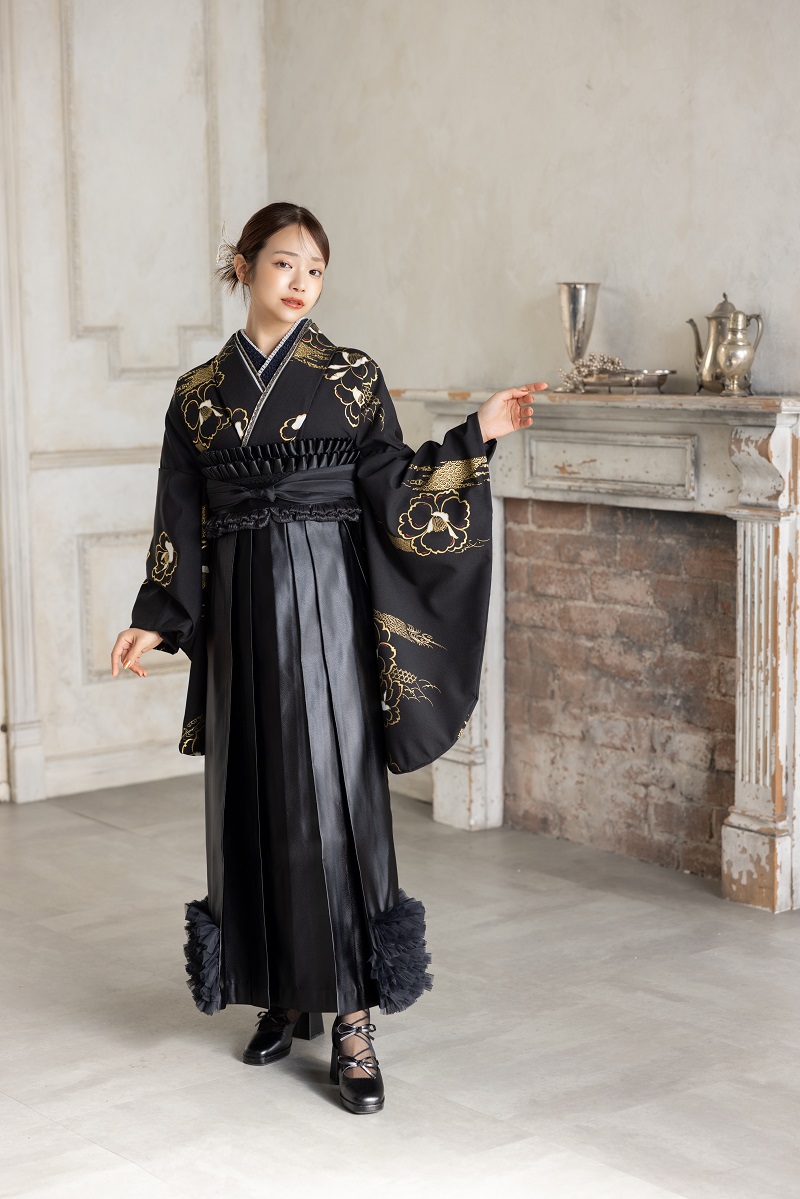 ラフィネモカ二尺袖/卒業袴 金彩クラシカルRM-193/RH-111【ブラック/ブラック】